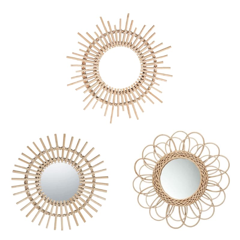 Round Rattan-Framed Wall Mirror