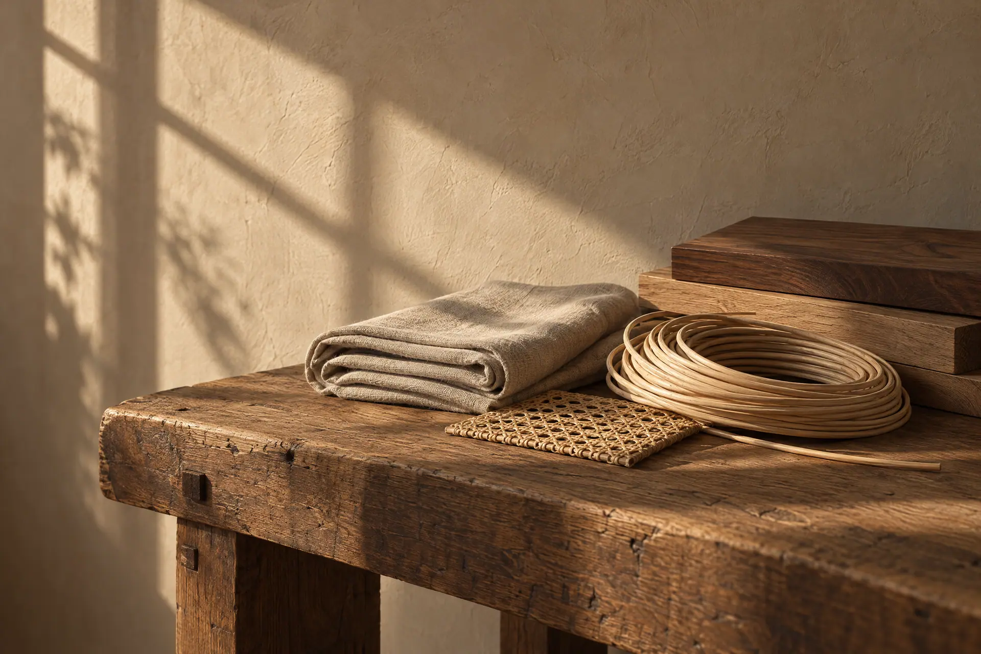 Folded linen, a coil of rattan cane, a cane weave sample and walnut and oak boards on an old oak bench