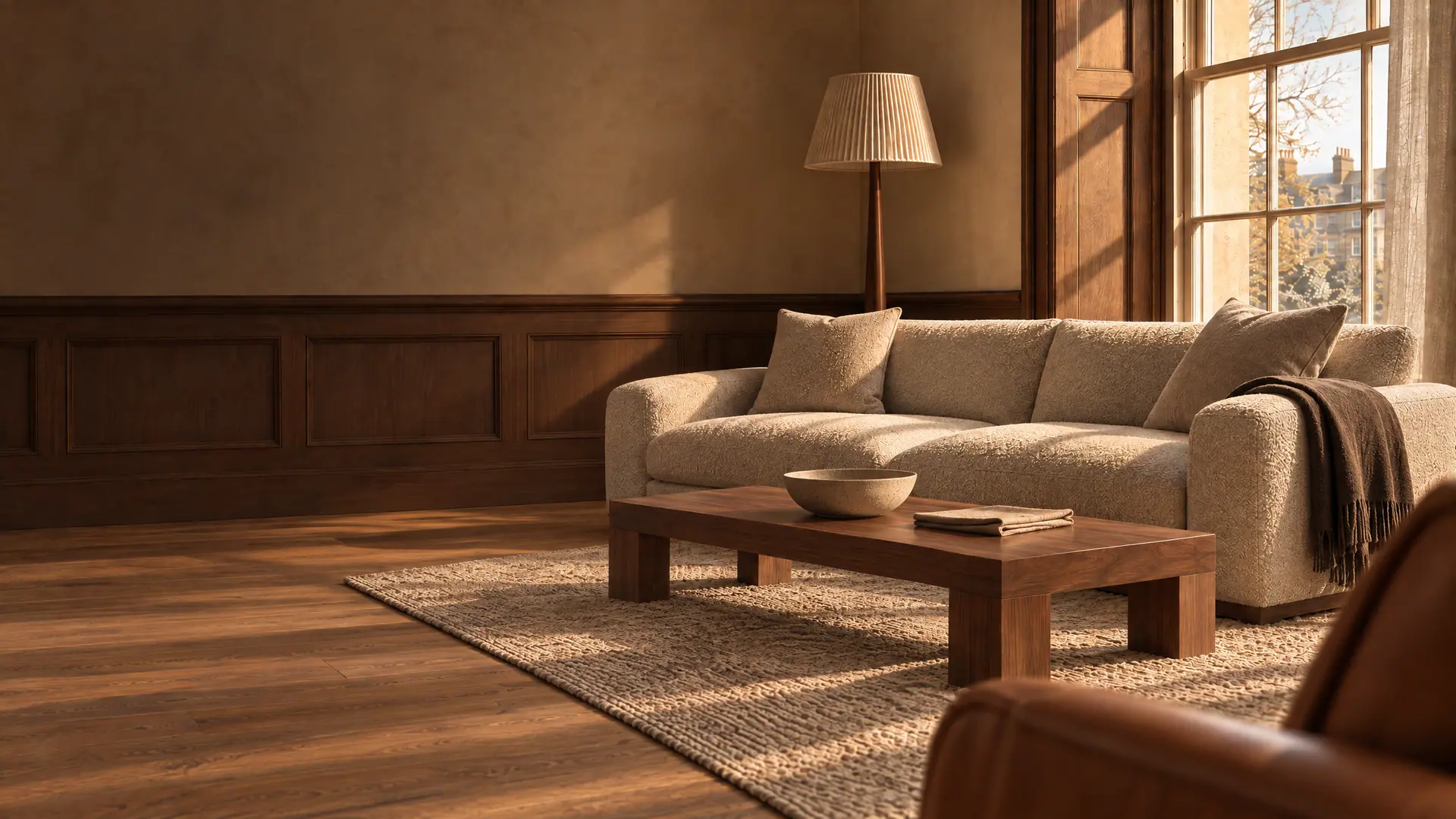 Cream boucle sofa with a brown throw, a low walnut table and a pleated floor lamp in a panelled room with a tall sash window, a leather armchair in the foreground, in low afternoon sun