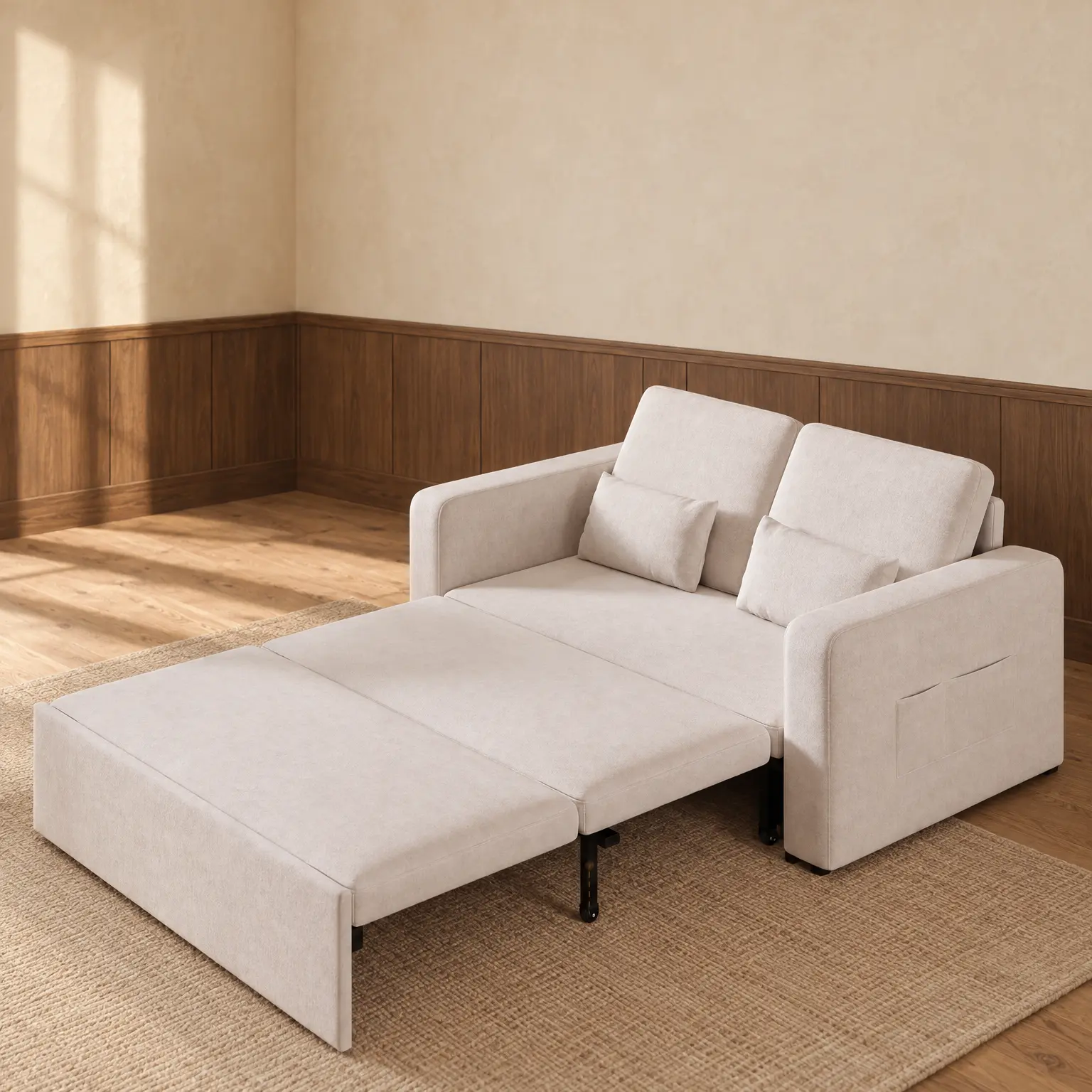 The sofa bed pulled out on its castors into bed position, beige fabric, in a room with walnut panelling