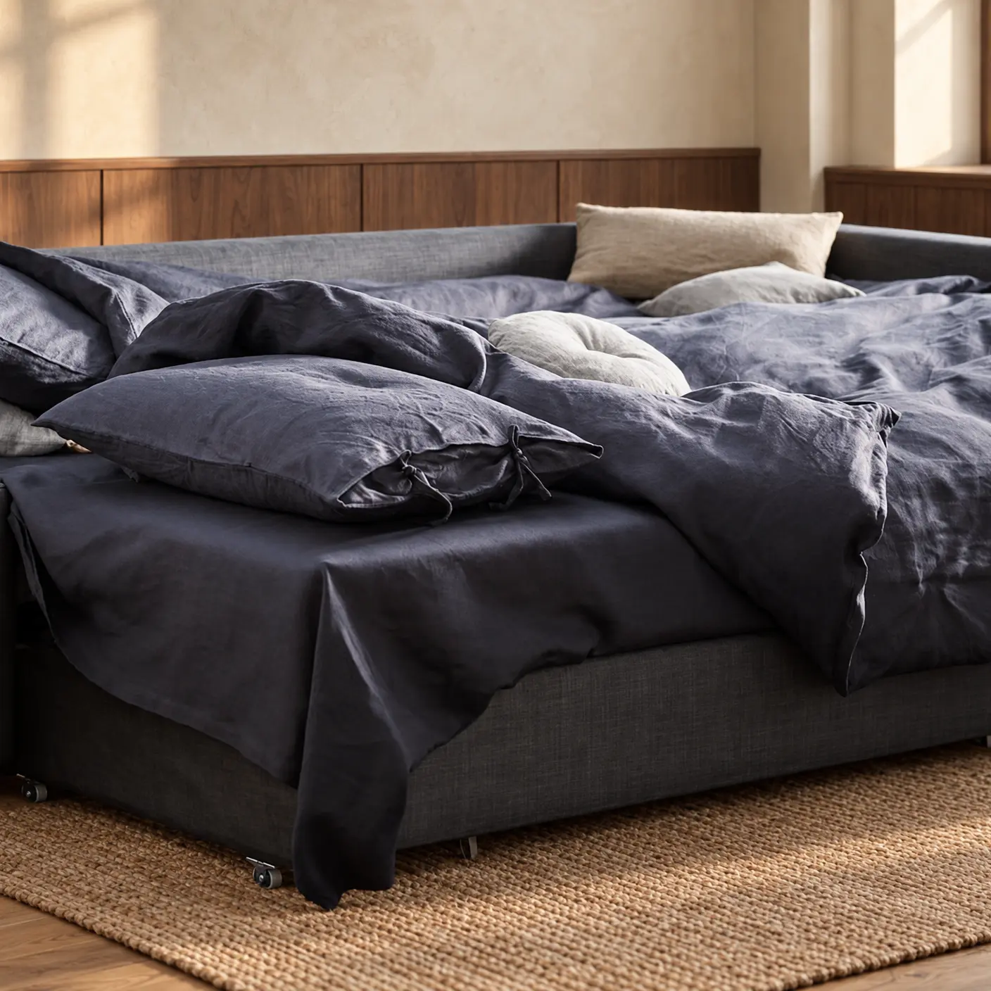 The corner sofa bed pulled out into a double bed, made up with dark bedding (bedding not included)